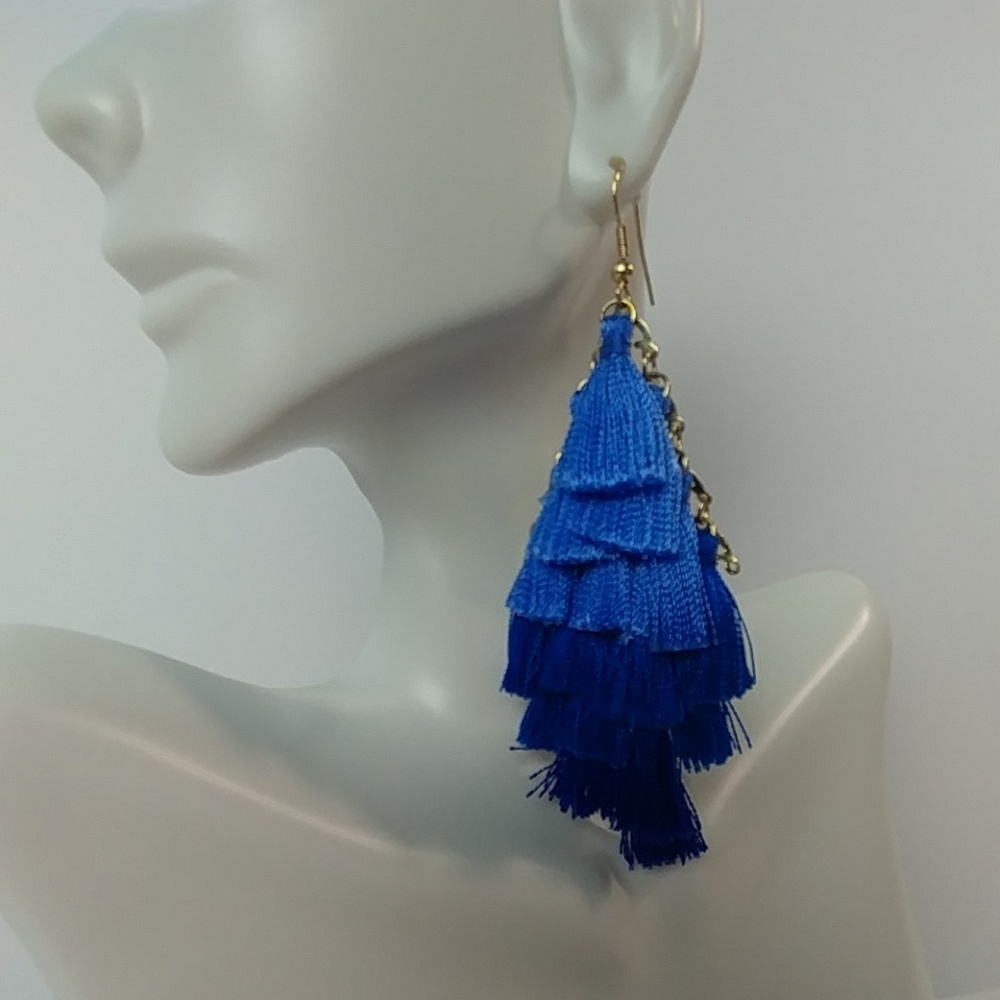 Women Blue Tired Tassel Statement Earrings